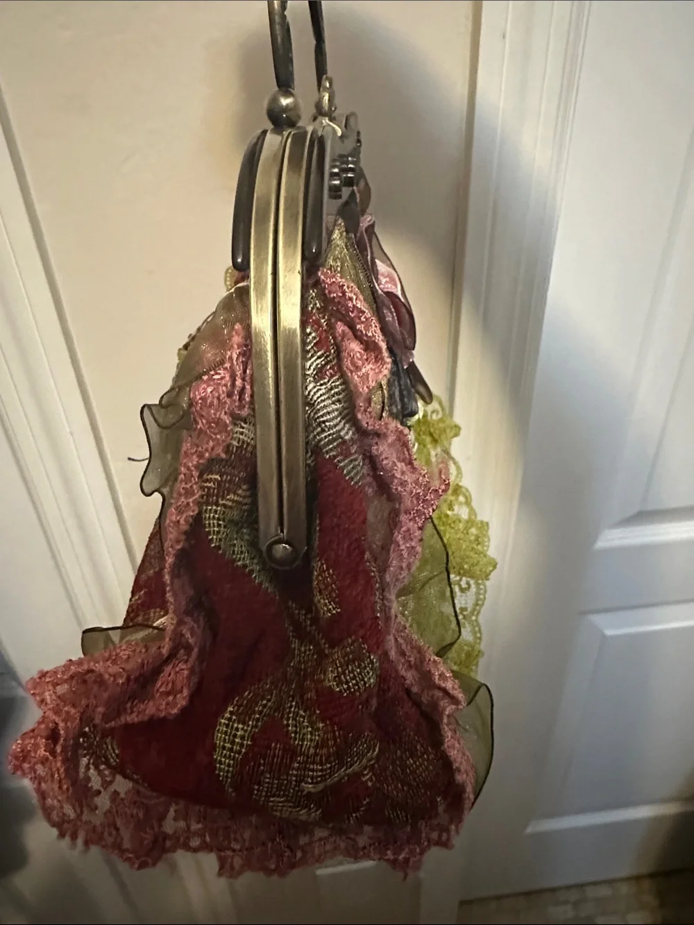Vintage-Inspired Floral Appliqué Handbag in Burgundy and Olive